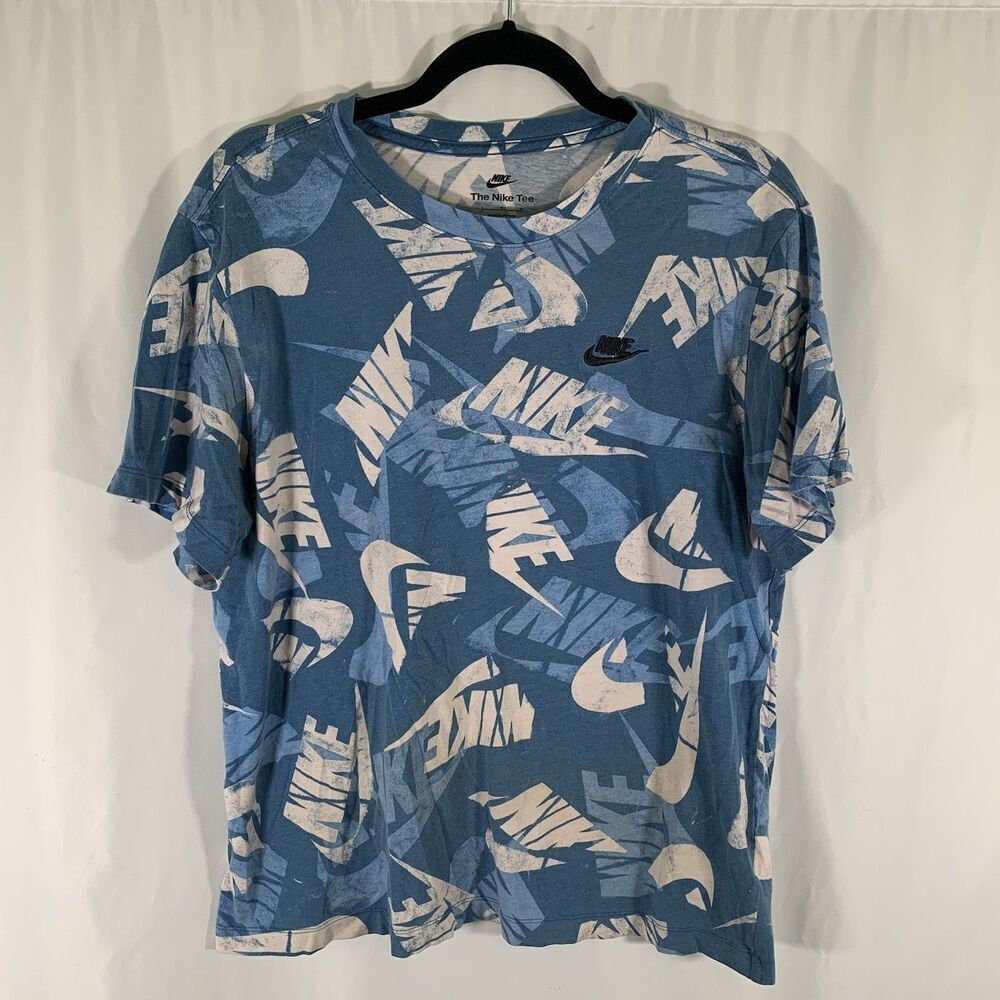 Nike Shirt Men's Large Blue Print Short Sleeve Crew Neck Tee 100% Cotton